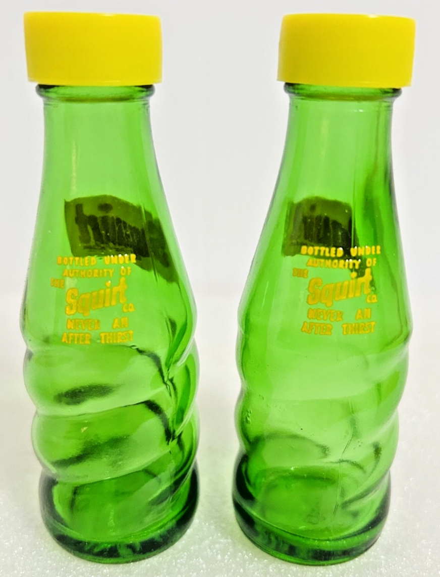 Vintage Squirt Soda Salt & Pepper Shakers w Box Green Glass Bottles