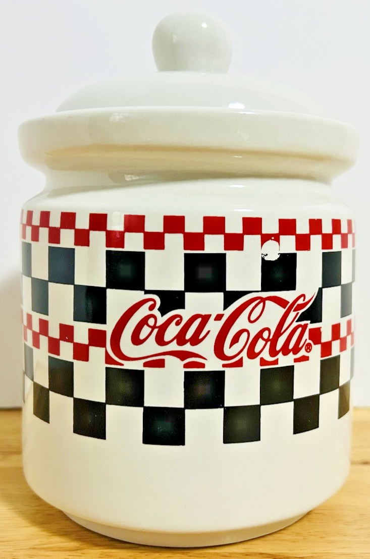 Vintage Coca-Cola Checkerboard Stoneware Canister Set of 4 w/ Lids & Box