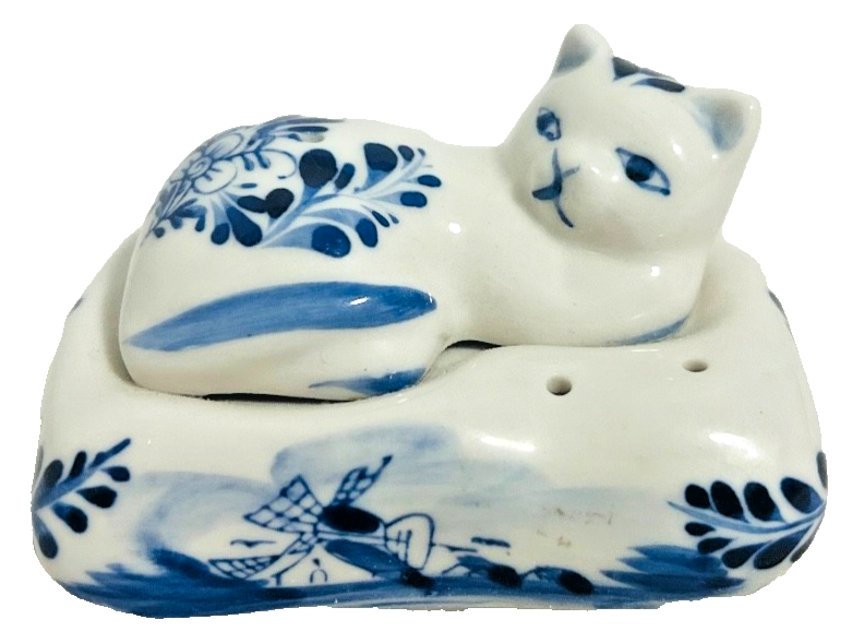 Vintage Delft Blue Cat Figurine on Base Holland Hand Painted