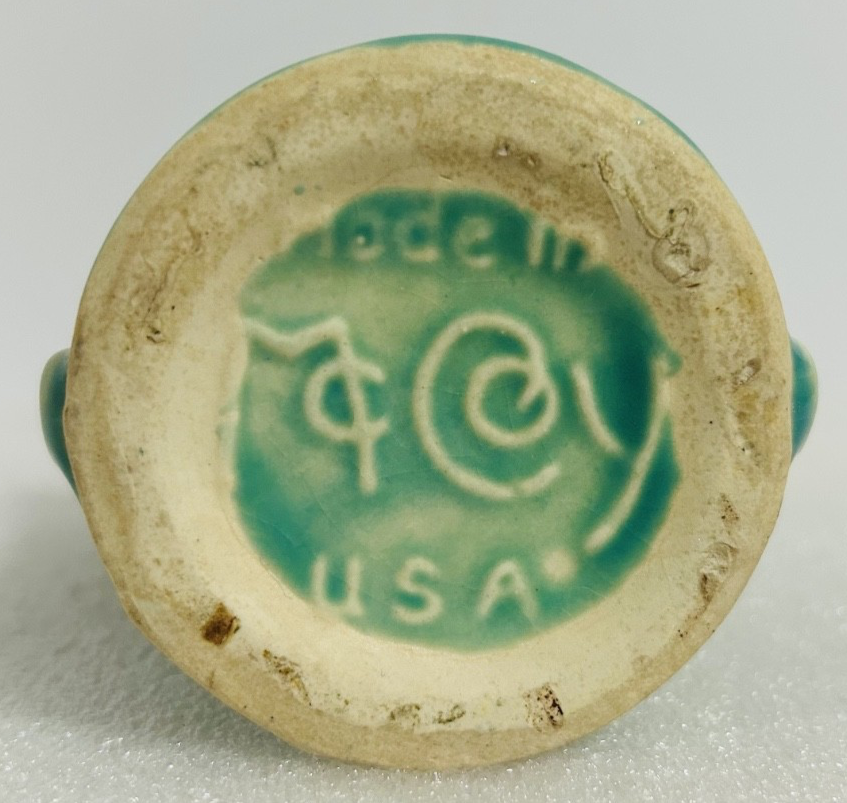 Vintage McCoy Green Art Pottery Vase Fruit Leaf Relief Handles USA
