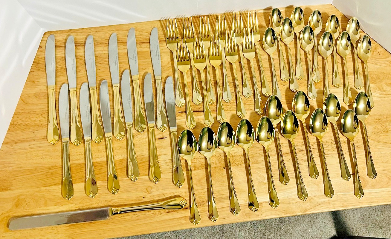 Hampton Silversmiths Gold Flatware Lot 46 Pcs Stainless Service Mixed w Case