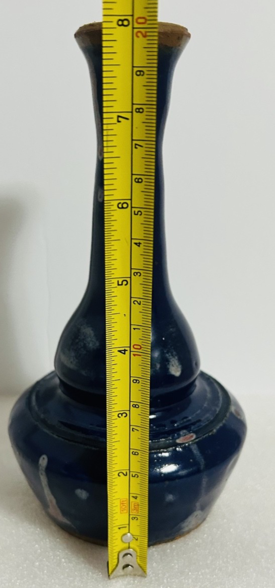 Vintage Studio Pottery Blue Drip Glaze Bud Vase Signed 8.5"