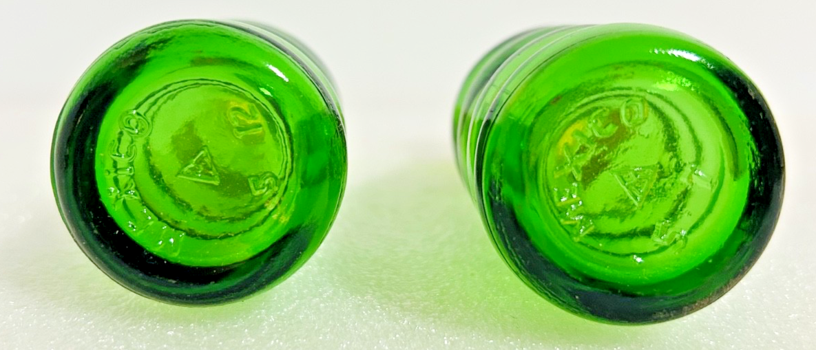 Vintage Squirt Soda Salt & Pepper Shakers w Box Green Glass Bottles