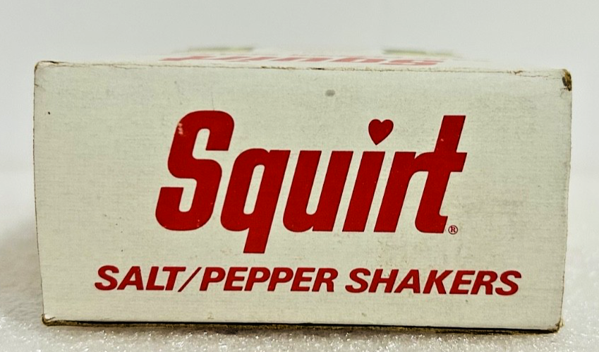 Vintage Squirt Soda Salt & Pepper Shakers w Box Green Glass Bottles