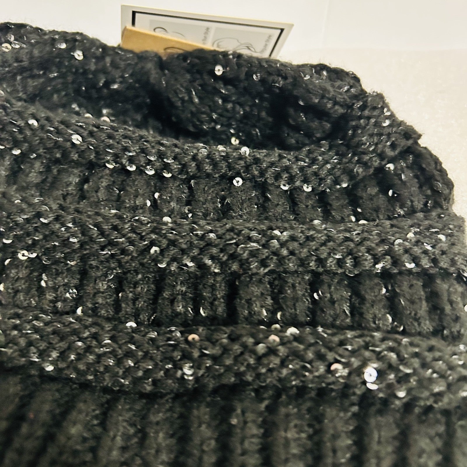 C.C Beanie Tail Black Silver Sequin Knit Hat Ponytail New