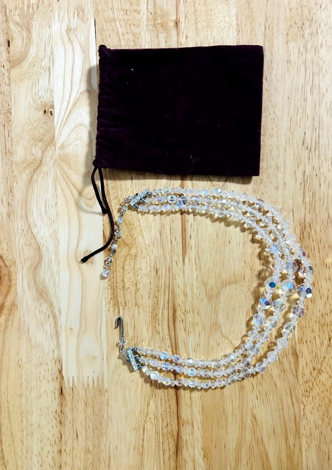 Vintage Aurora Borealis Triple Strand Crystal Beaded Necklace w/ Pouch