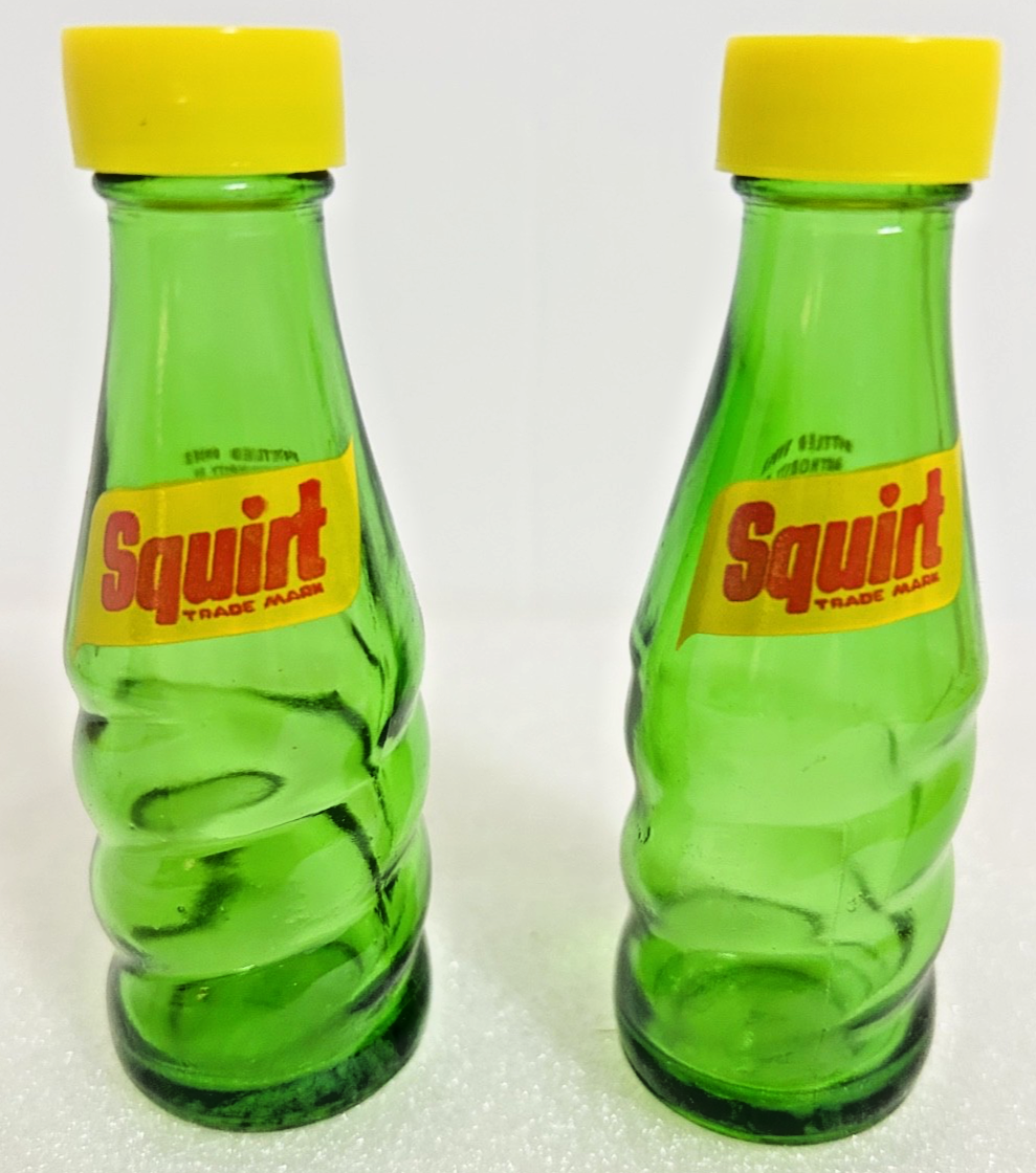 Vintage Squirt Soda Salt & Pepper Shakers w Box Green Glass Bottles