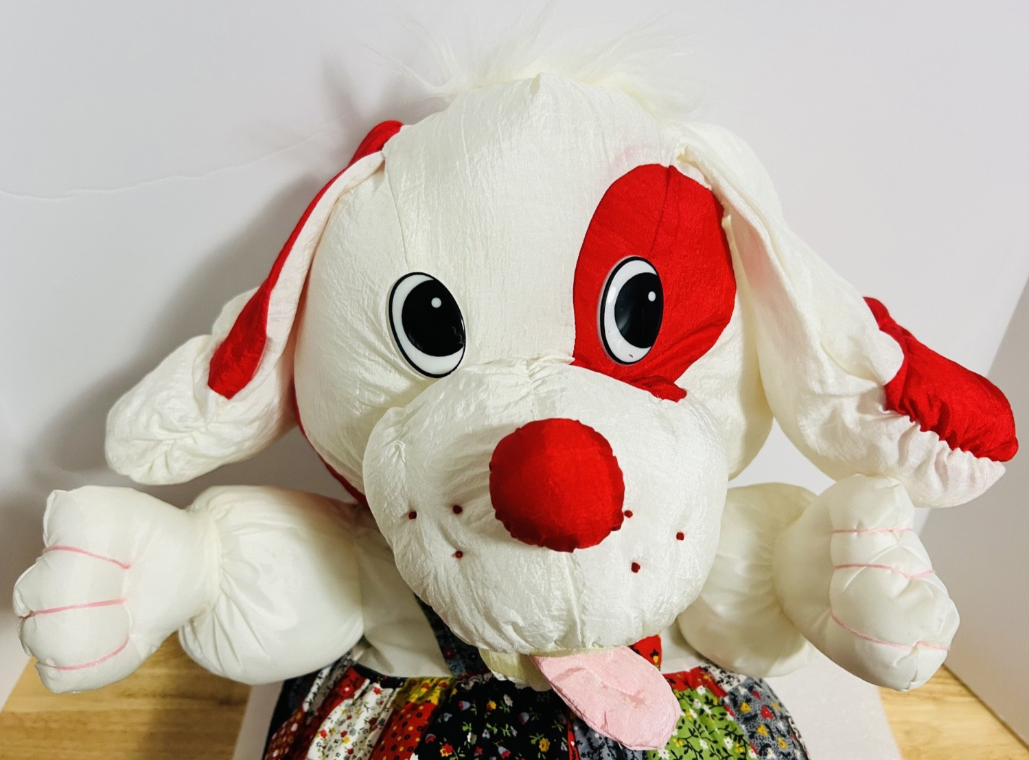 Vintage Large Plush Dog Patchwork Dress Red White 24” Stuffed Animal