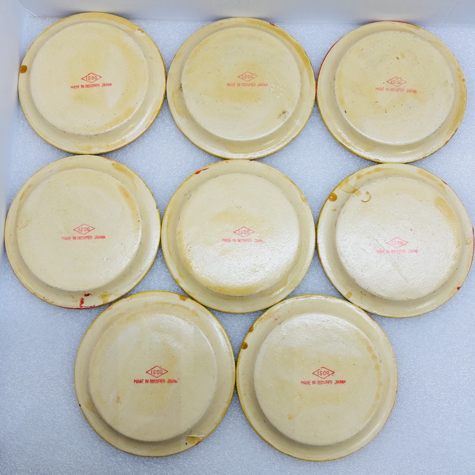 Vintage ISCO Occupied Japan Coaster Set w Holder 4 Snack Trays Red Floral