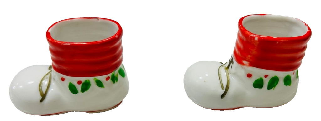 2 Christmas Miniature Santa Boot Ceramic/Porcelain Holiday Decor