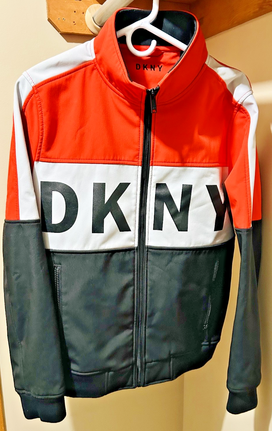 DKNY Boys Track Jacket Orange Black White Full Zip Logo Size Small