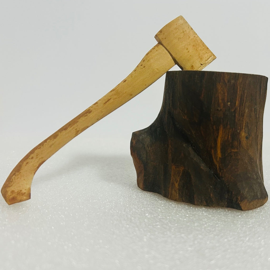 Hand Carved Wood Axe and Tree Stump Desk Decor Miniature Collectible
