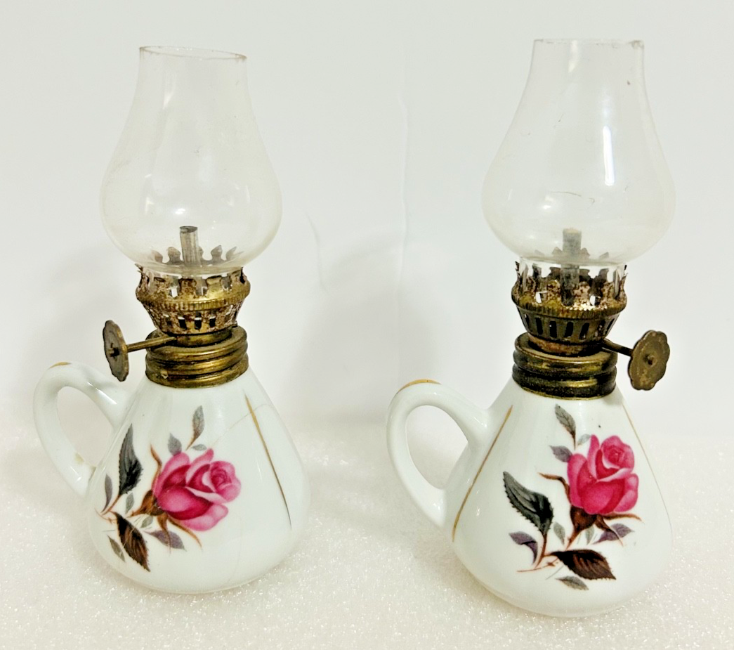 Vintage Mini Oil Lamps Pair Porcelain Floral Rose Hong Kong Glass Chimney