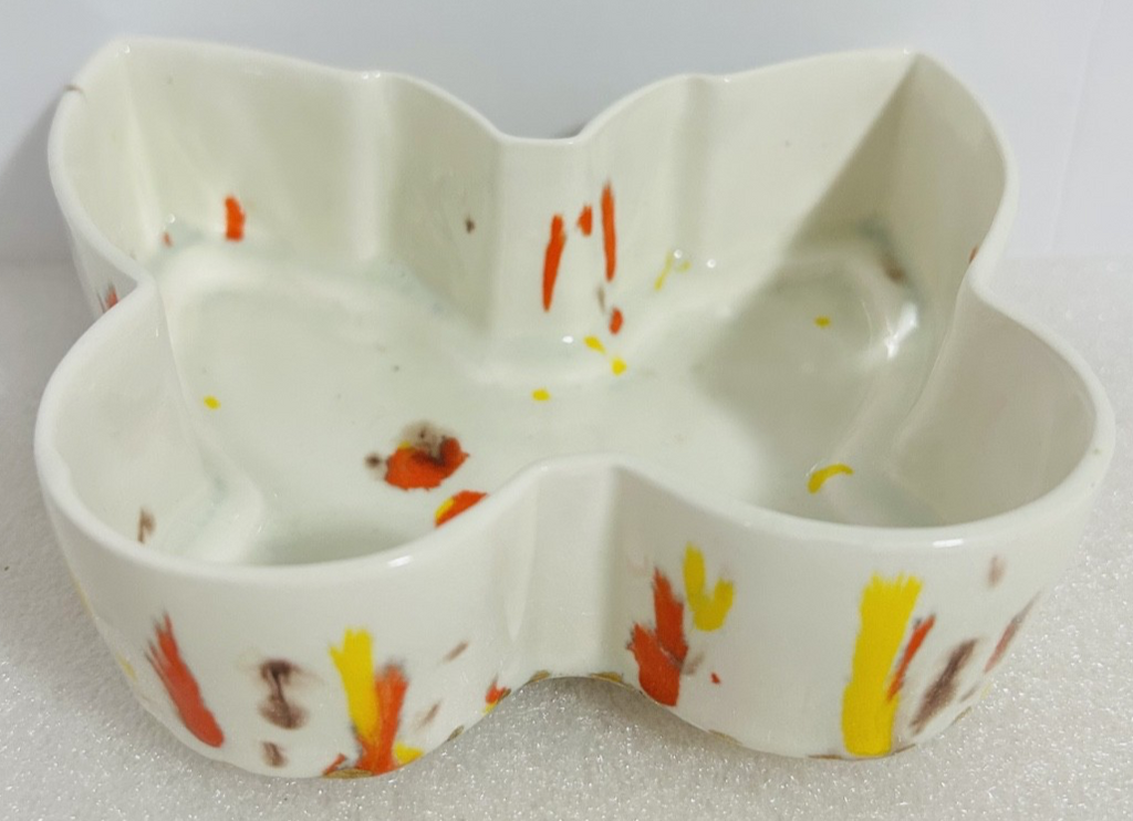 Vintage Splatter Art Pottery Butterfly Dish & Bird Bell Set 3pc