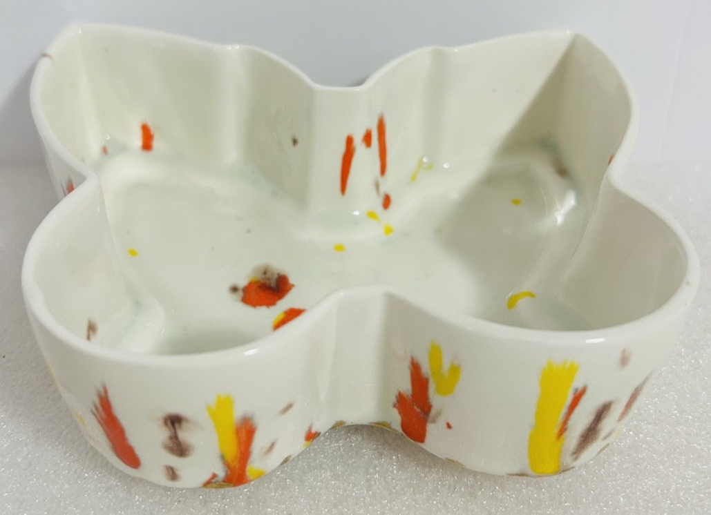 Vintage Splatter Art Pottery Butterfly Dish & Bird Bell Set 3pc