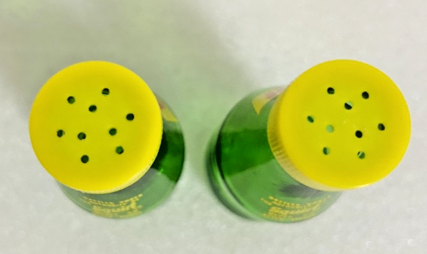 Vintage Squirt Soda Salt & Pepper Shakers w Box Green Glass Bottles