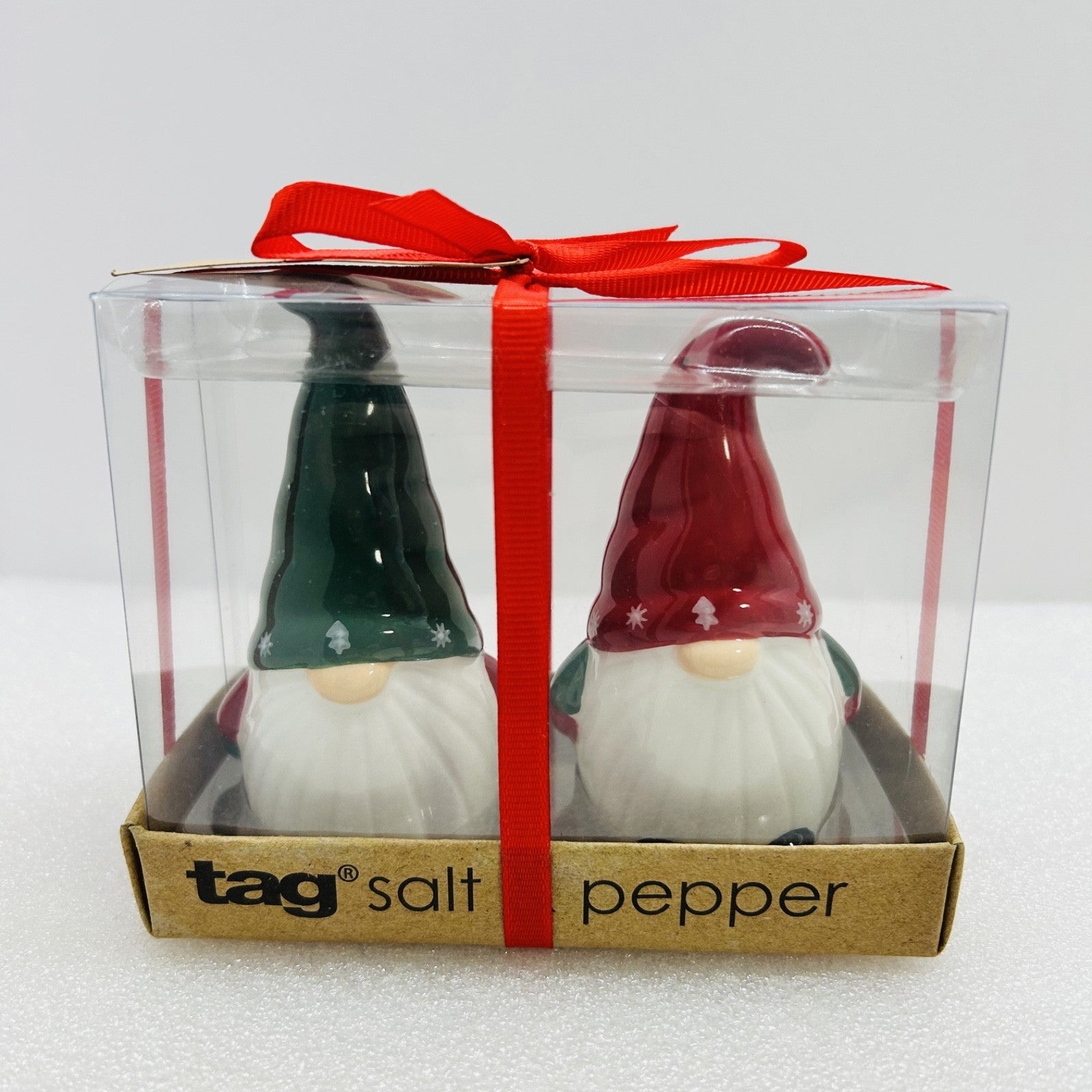 Tag Christmas Gnome Salt Pepper Shakers Set Ceramic Holiday NIB