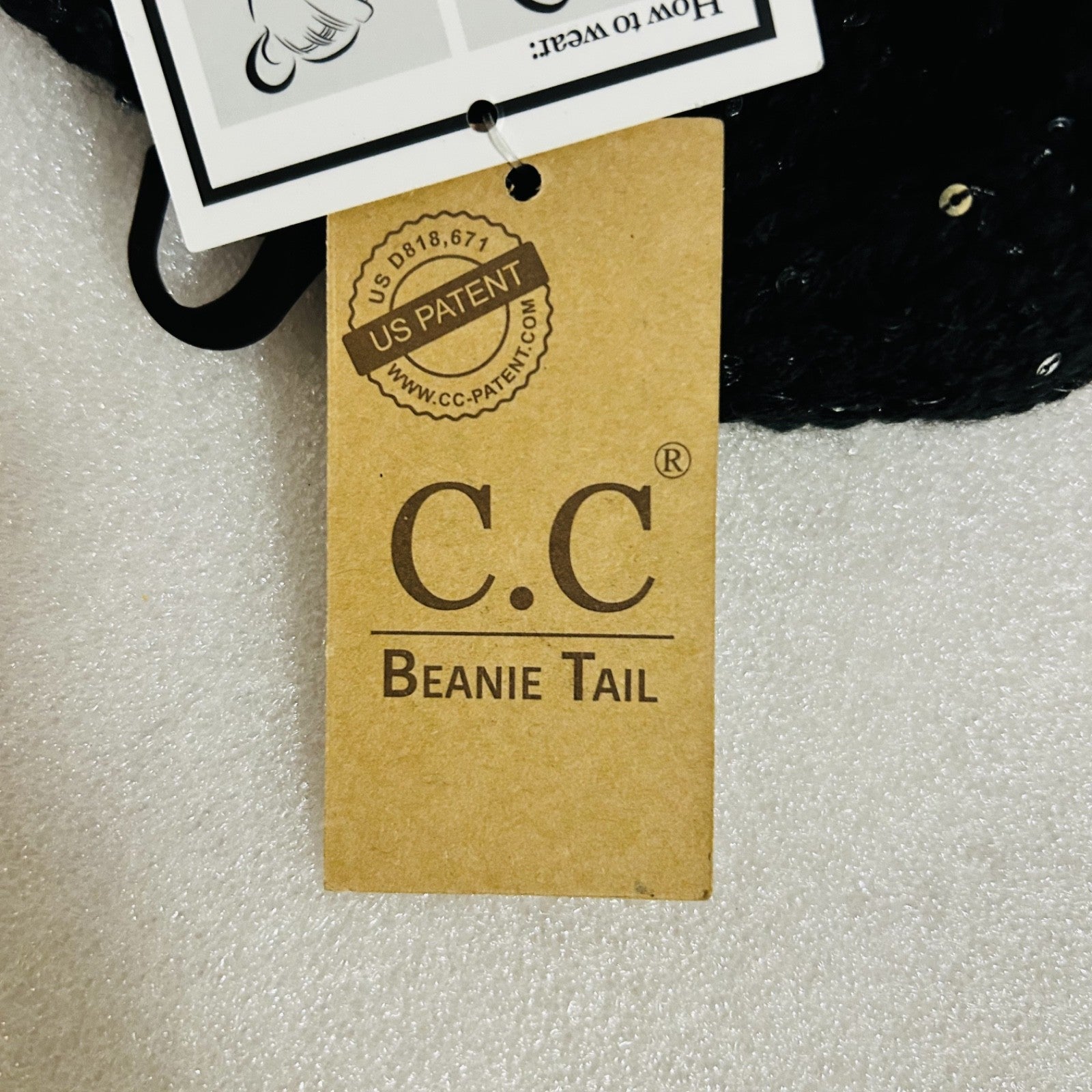 C.C Beanie Tail Black Silver Sequin Knit Hat Ponytail New