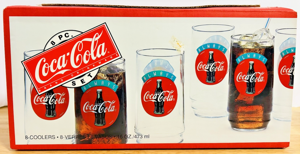 Vintage Coca-Cola Always Coke 8-Pc Glass Tumbler Set 16oz w/ Box – Indiana Glass