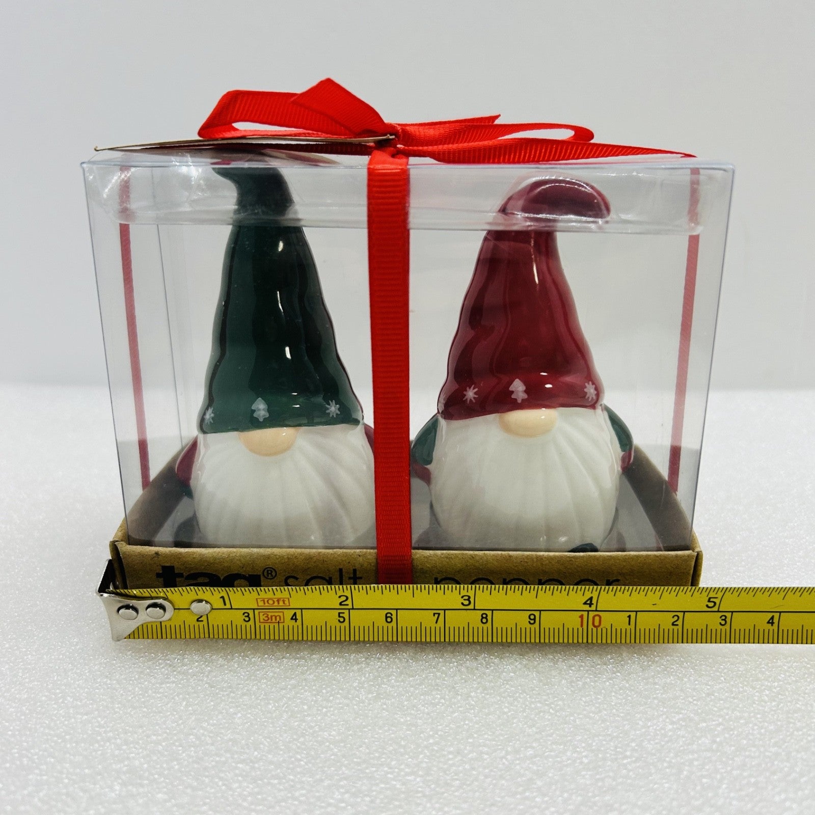 Tag Christmas Gnome Salt Pepper Shakers Set Ceramic Holiday NIB
