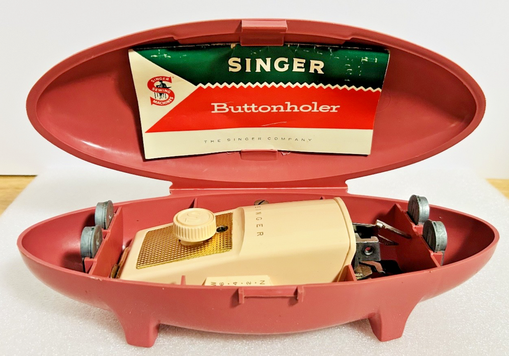 Vintage Singer Buttonholer Sewing Attachment Set w/ Pink Case Manual Templates
