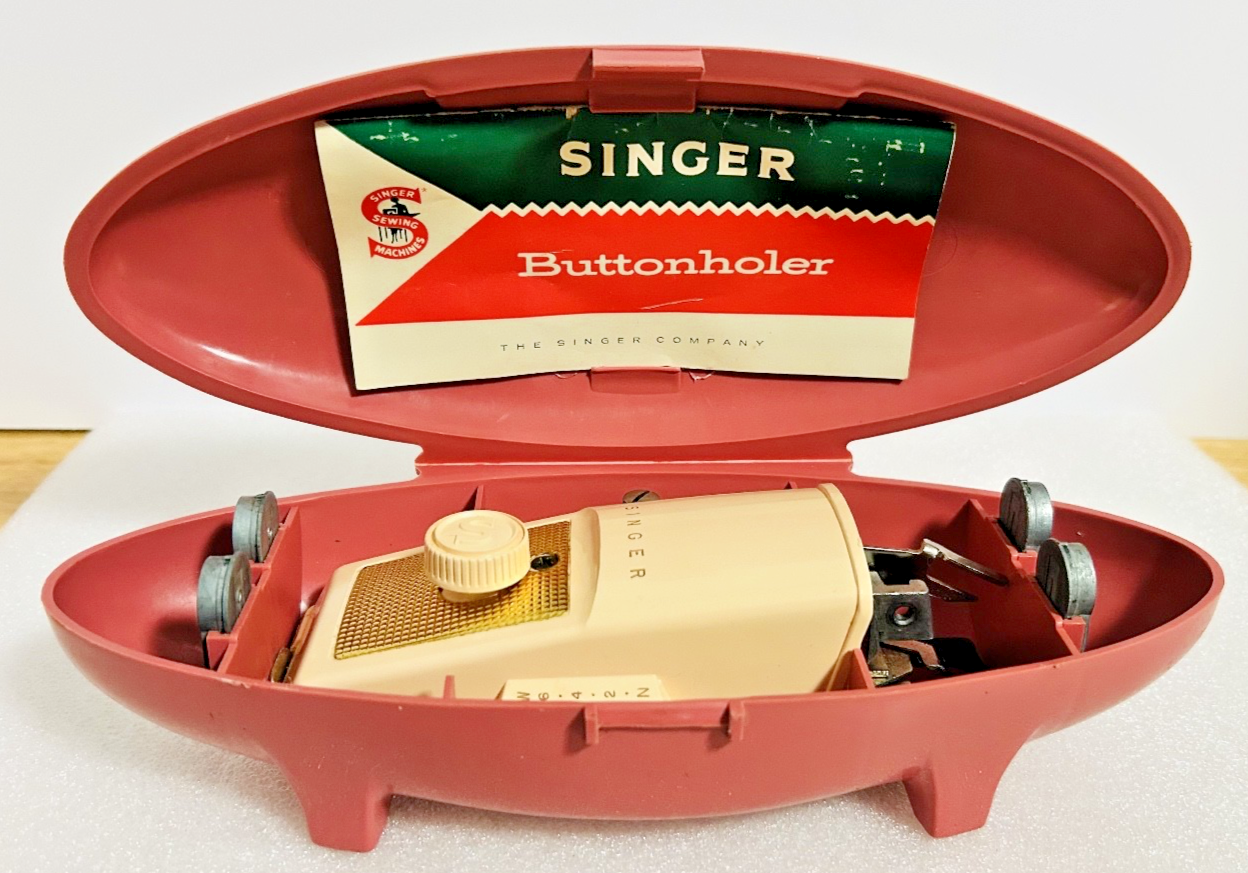 Vintage Singer Buttonholer Sewing Attachment Set w/ Pink Case Manual Templates