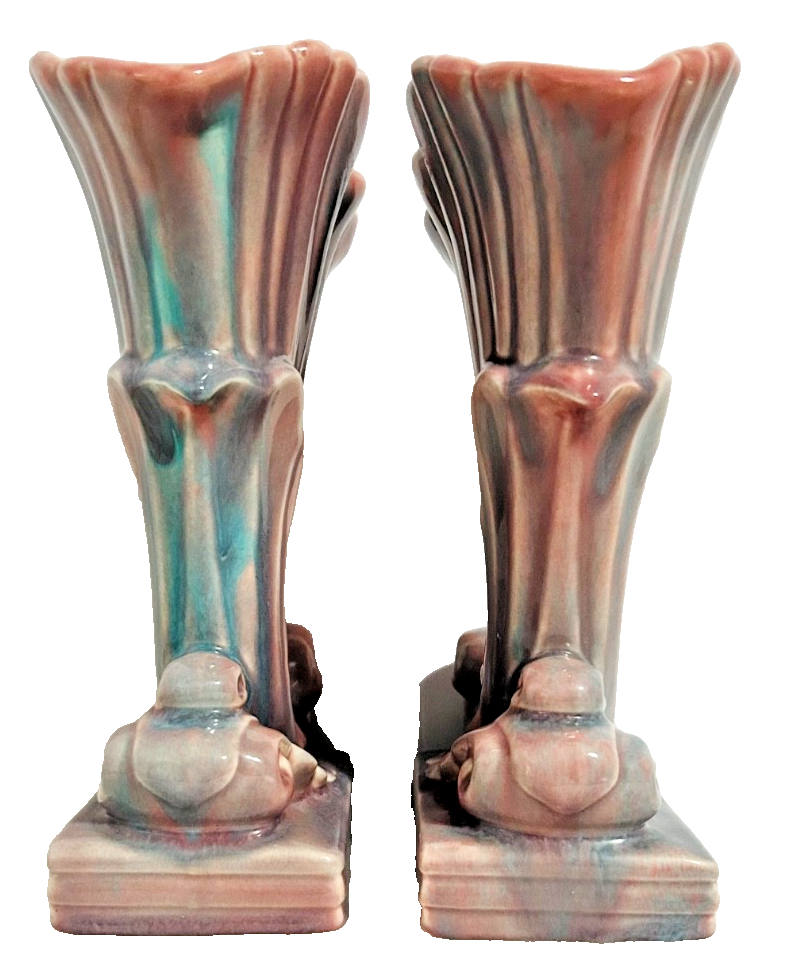 Vintage Pink & Blue Ceramic Cornucopia Vases Pair Art Deco Style