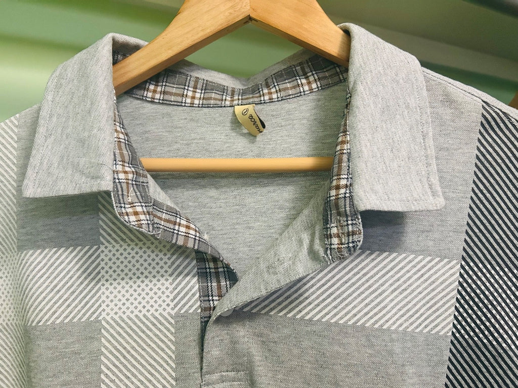 Pinkmarco Mens Gray Plaid Polo Shirt Short Sleeve Casual Size L