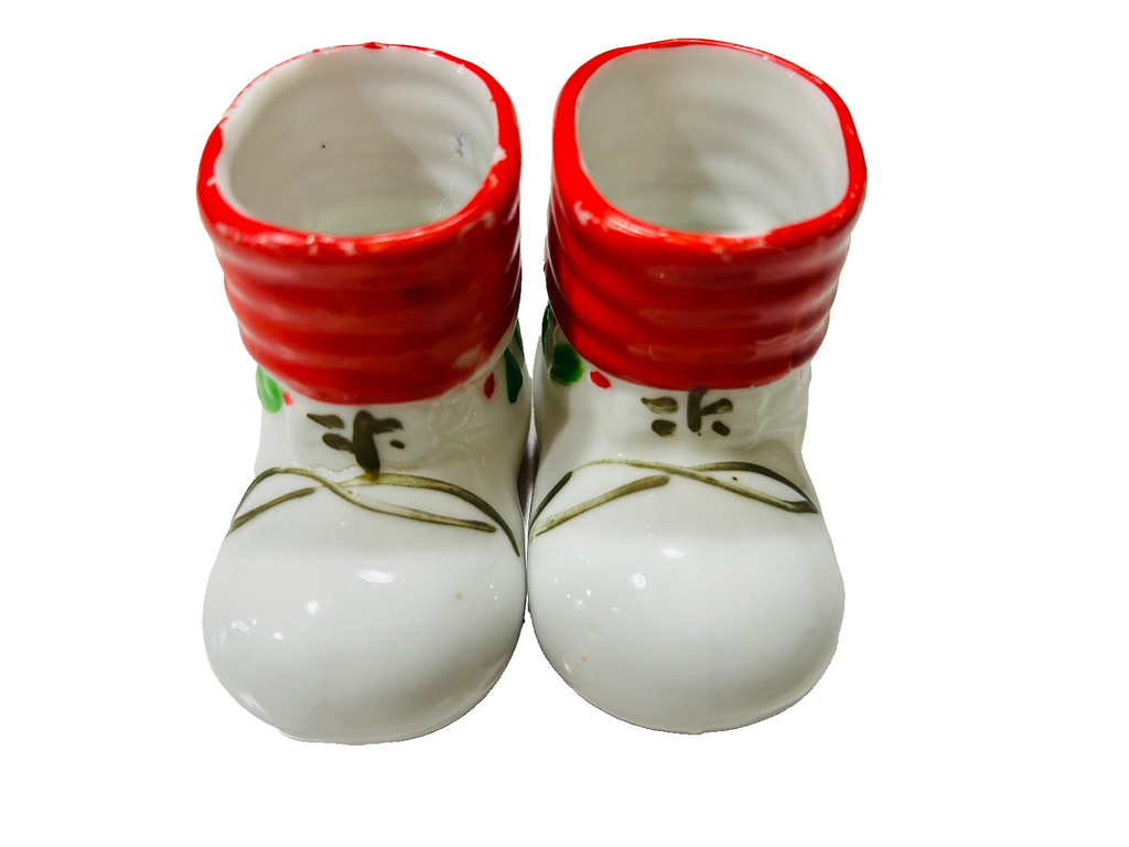 2 Christmas Miniature Santa Boot Ceramic/Porcelain Holiday Decor