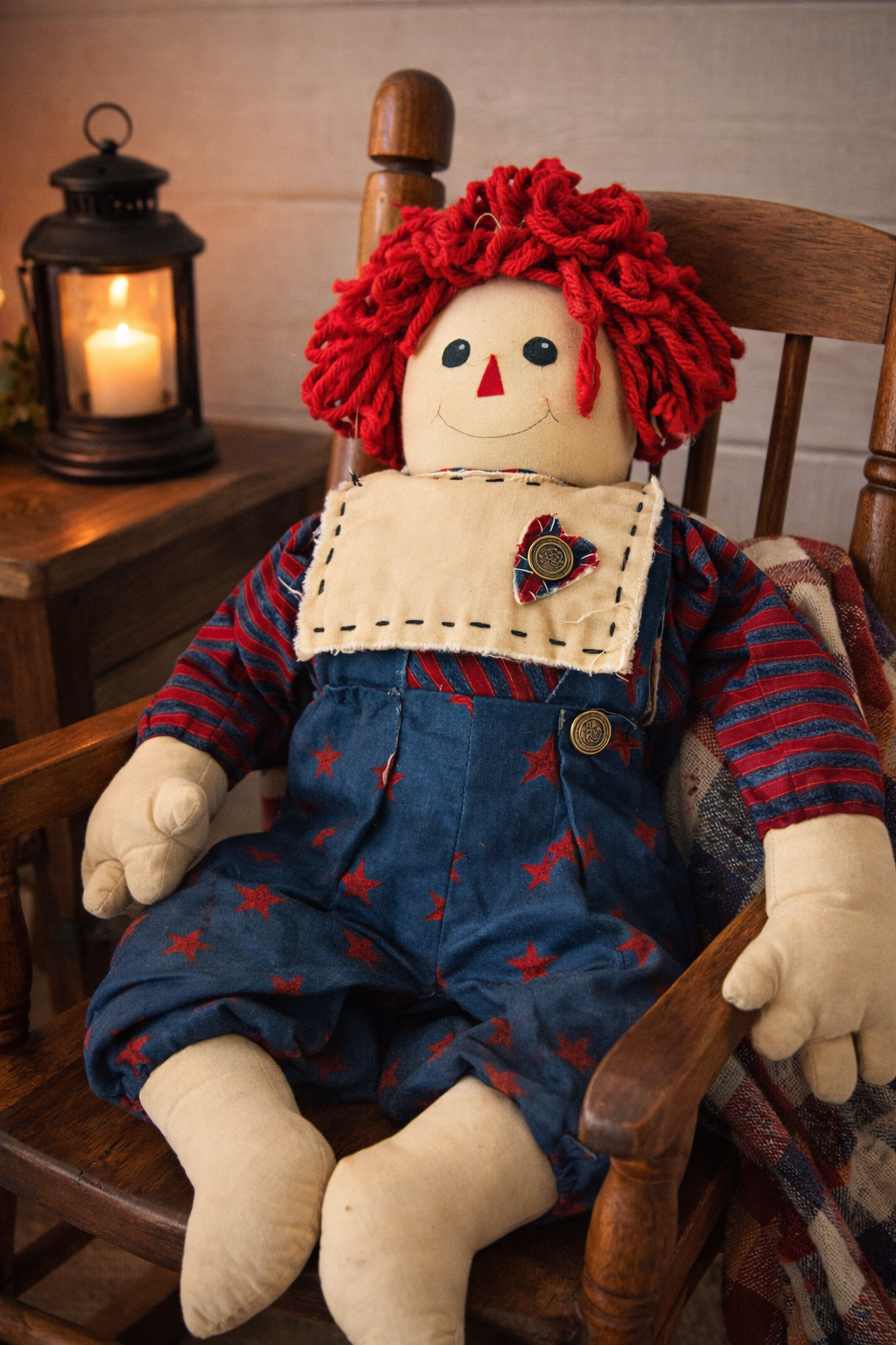 Vintage Handmade Raggedy Ann Style Cloth Doll Red Yarn Hair 20"