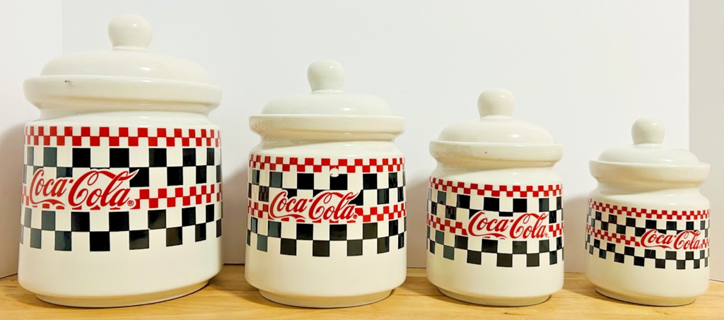 Vintage Coca-Cola Checkerboard Stoneware Canister Set of 4 w/ Lids & Box