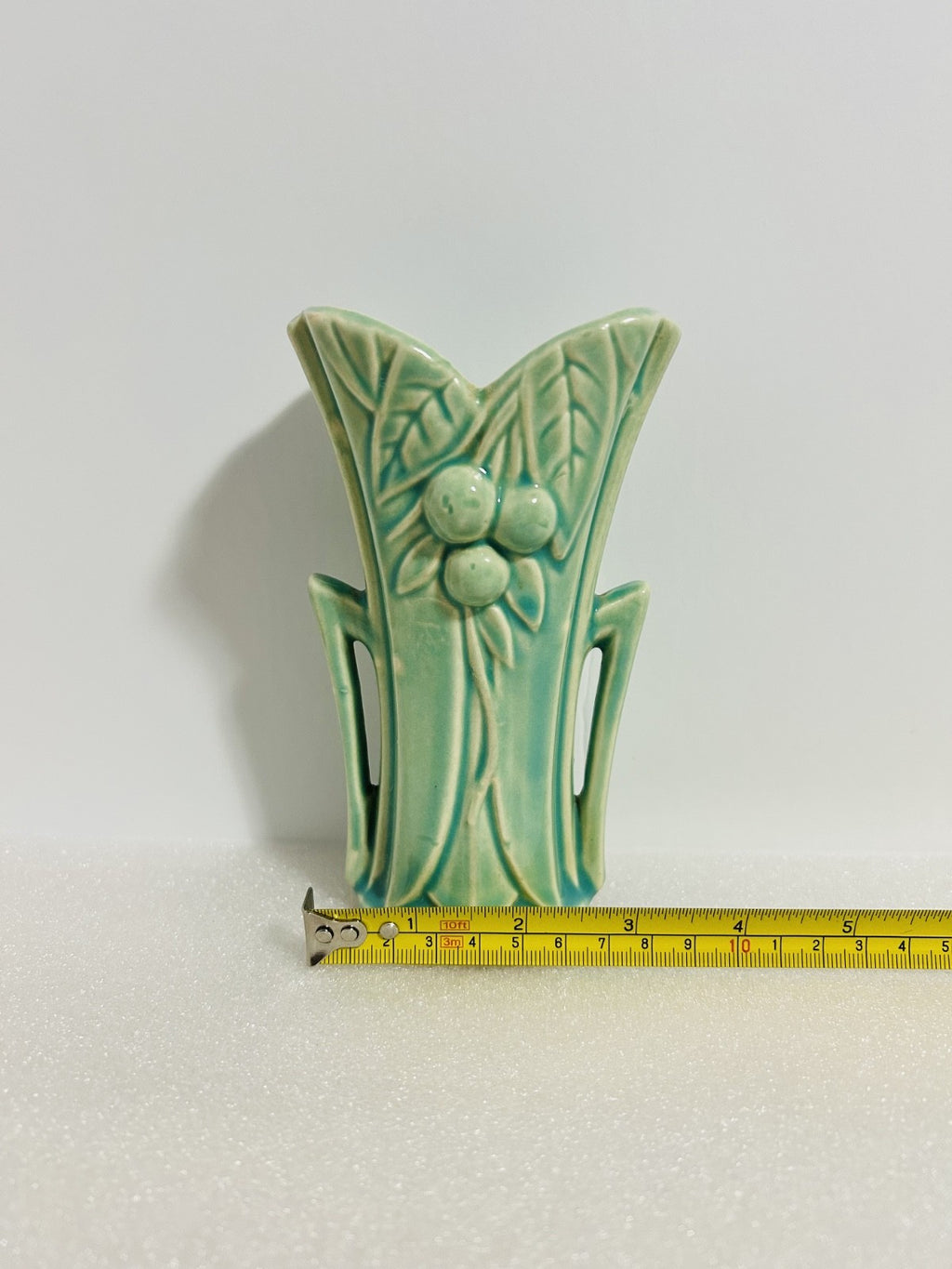 Vintage McCoy Green Art Pottery Vase Fruit Leaf Relief Handles USA