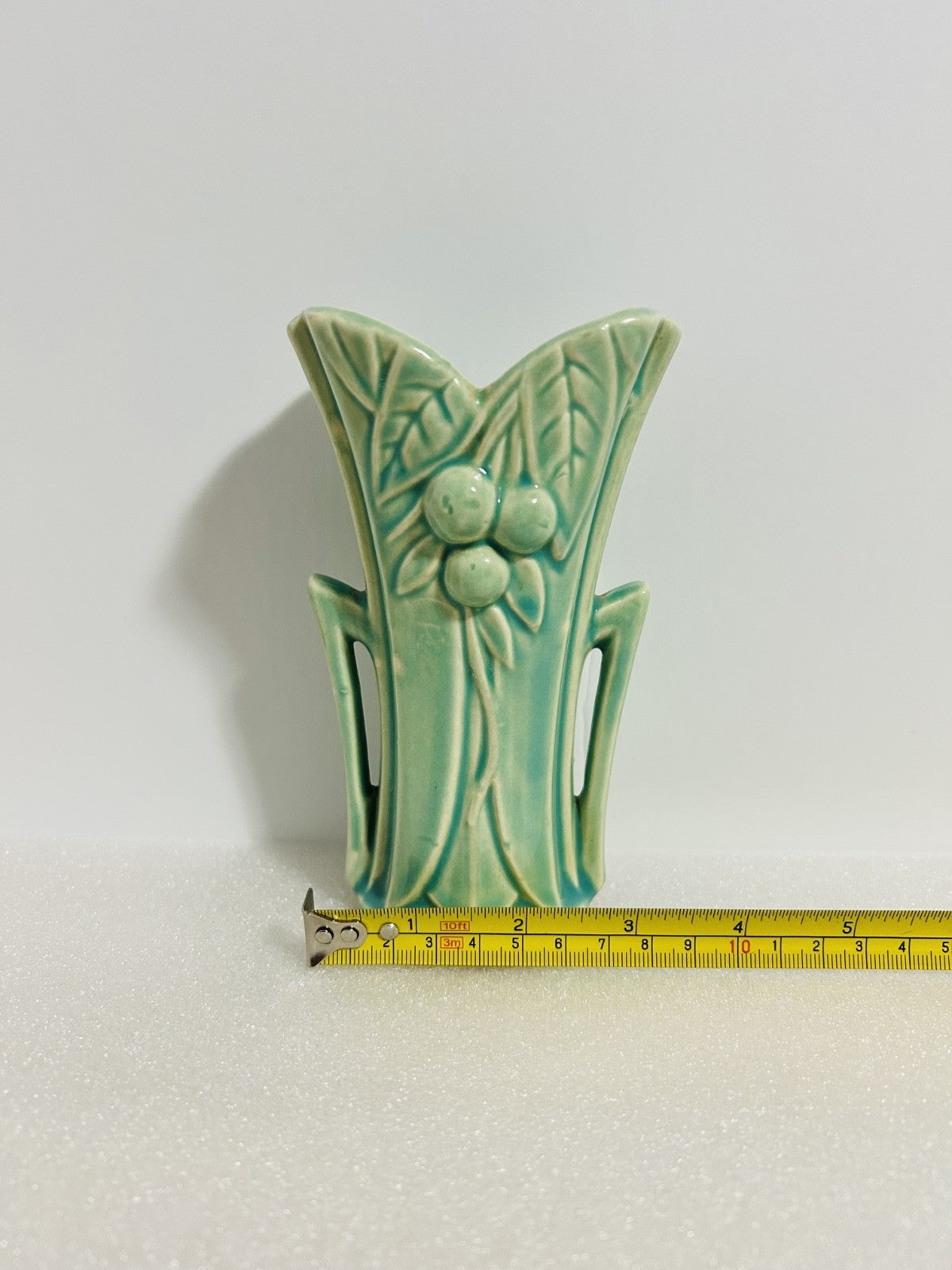 Vintage McCoy Green Art Pottery Vase Fruit Leaf Relief Handles USA