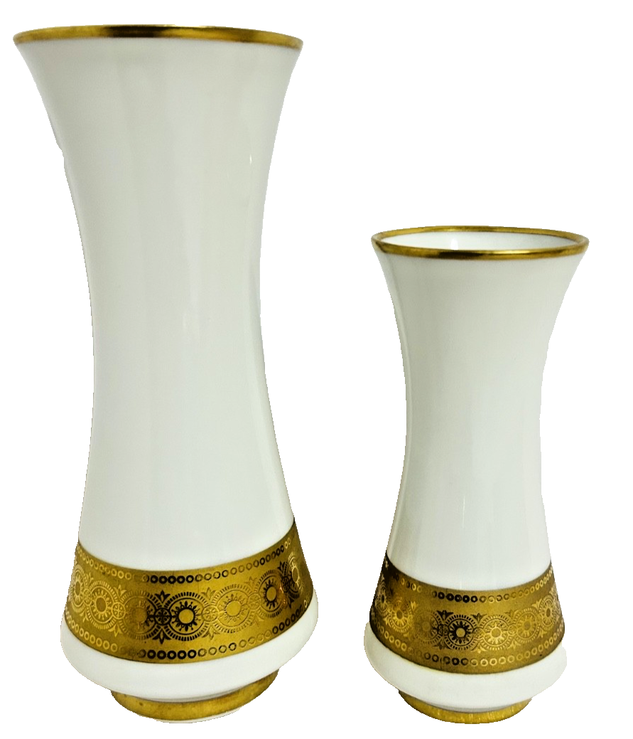 Vohenstrauss Bavaria Gold Gilt Milk Glass Vases Set 8” & 6”