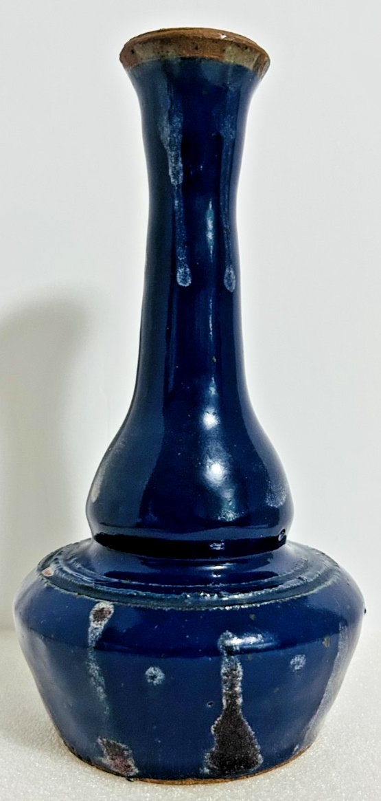 Vintage Studio Pottery Blue Drip Glaze Bud Vase Signed 8.5"