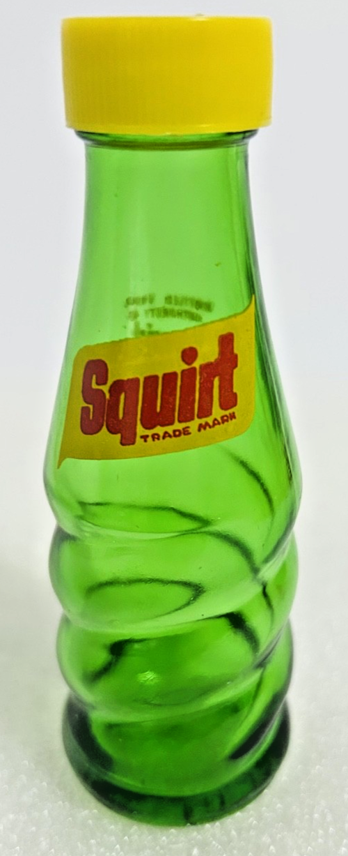 Vintage Squirt Soda Bottle Shaker Green Glass Yellow Lid Advertising
