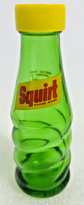 Vintage Squirt Soda Bottle Shaker Green Glass Yellow Lid Advertising