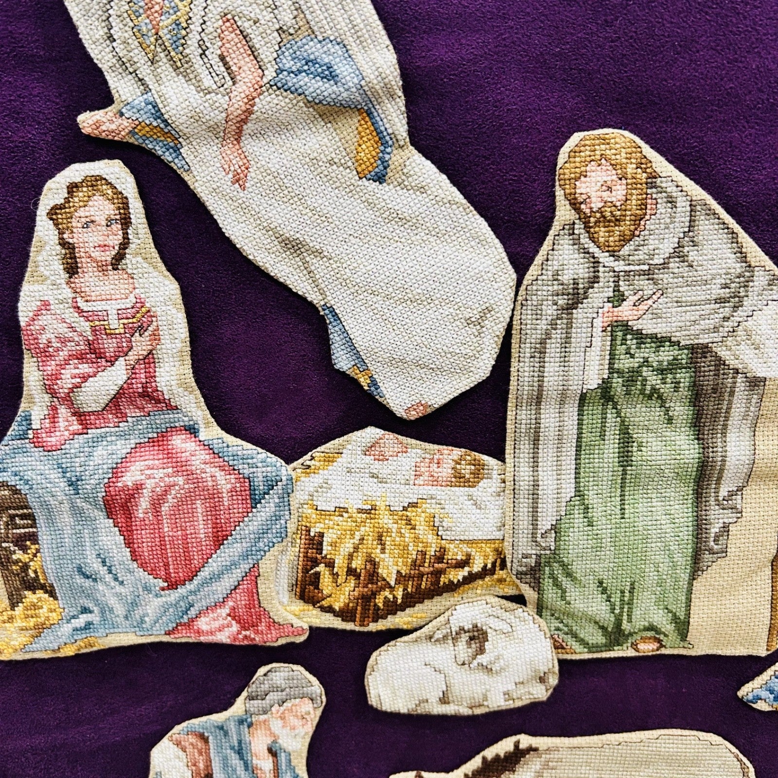 Vintage Felt Nativity Wall Hanging 32in Purple Manger Scene