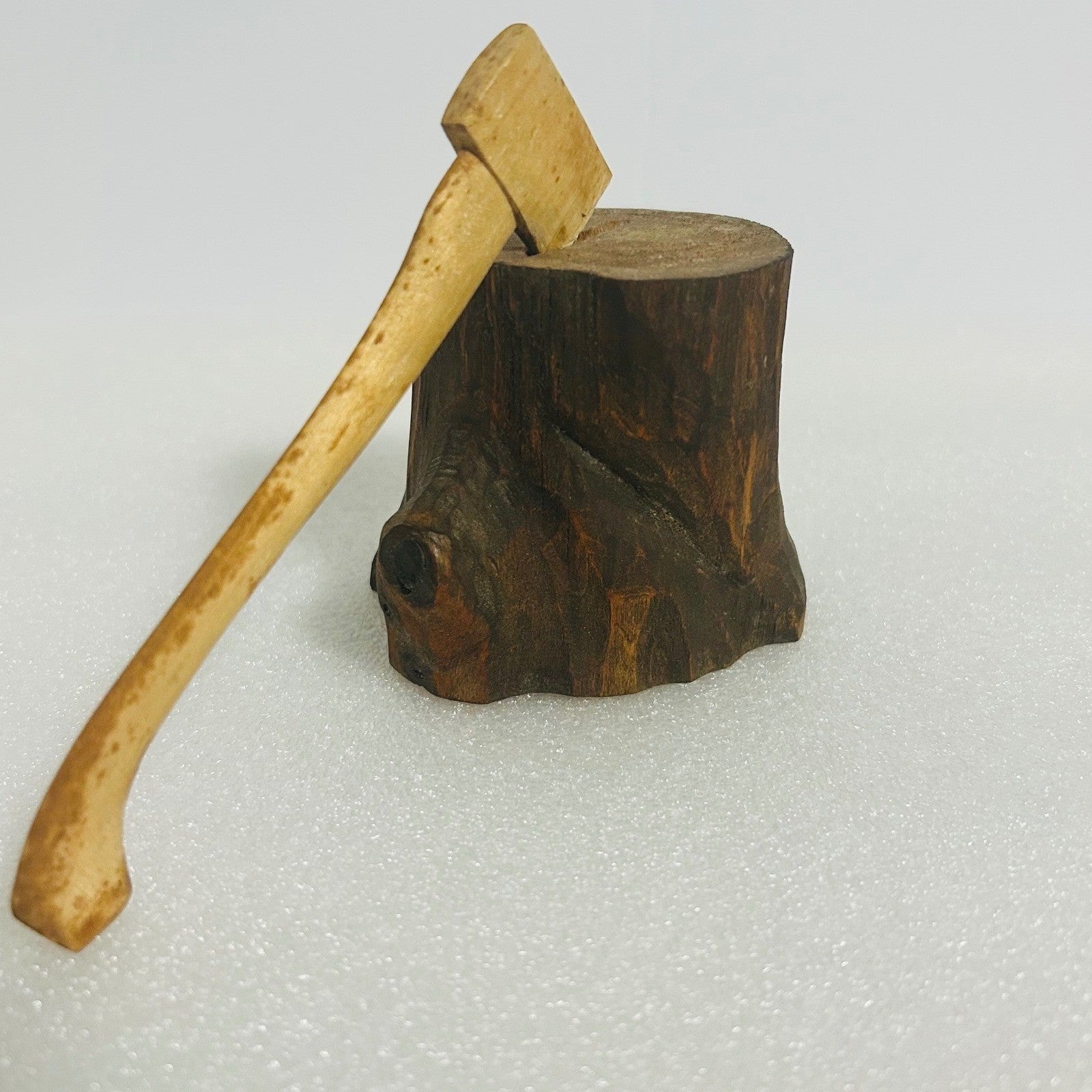 Hand Carved Wood Axe and Tree Stump Desk Decor Miniature Collectible