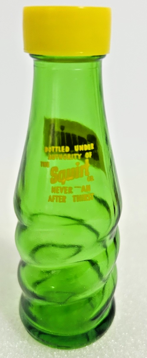 Vintage Squirt Soda Bottle Shaker Green Glass Yellow Lid Advertising