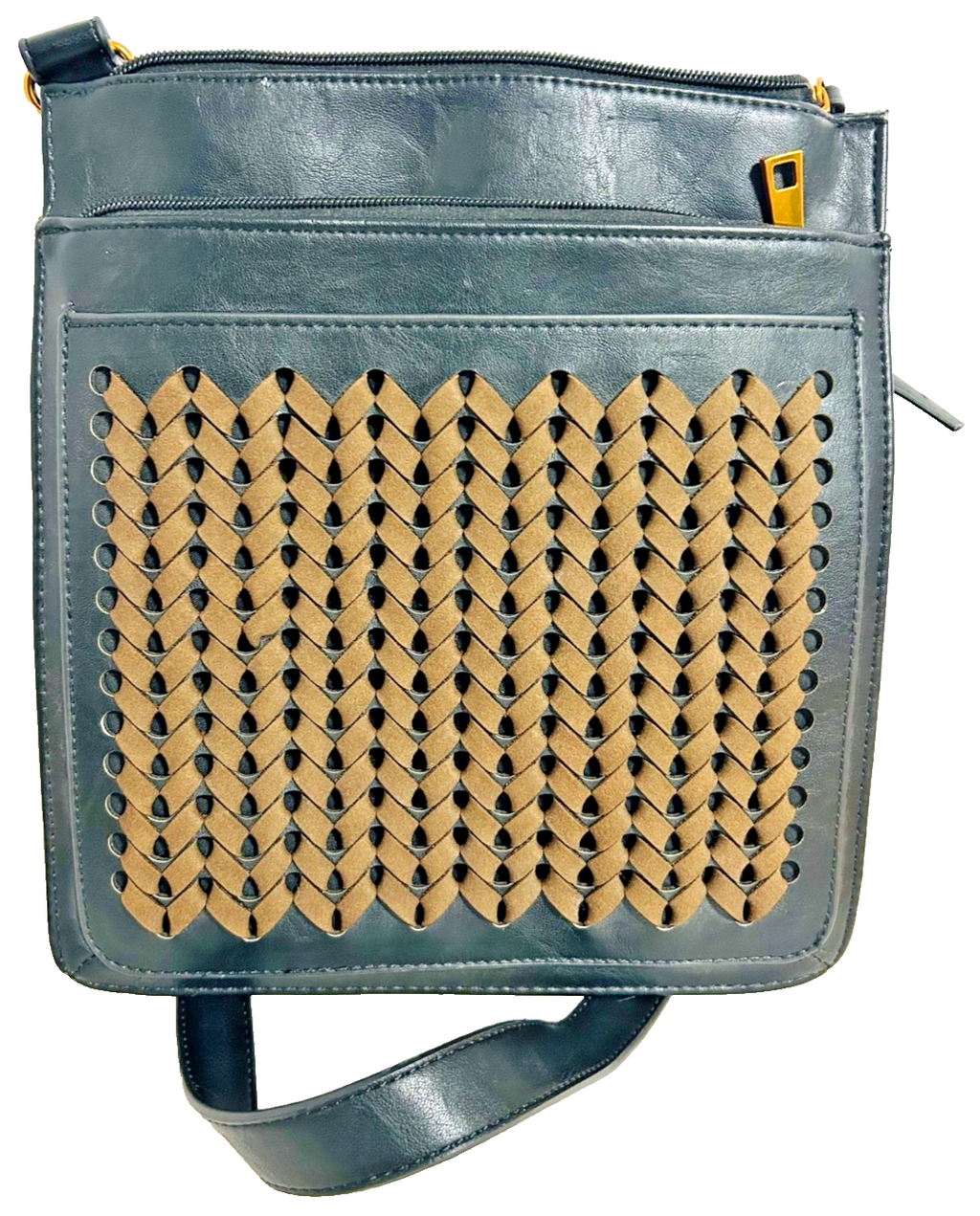 Sondra Roberts Black Faux Leather Woven Crossbody Bag Gold HW