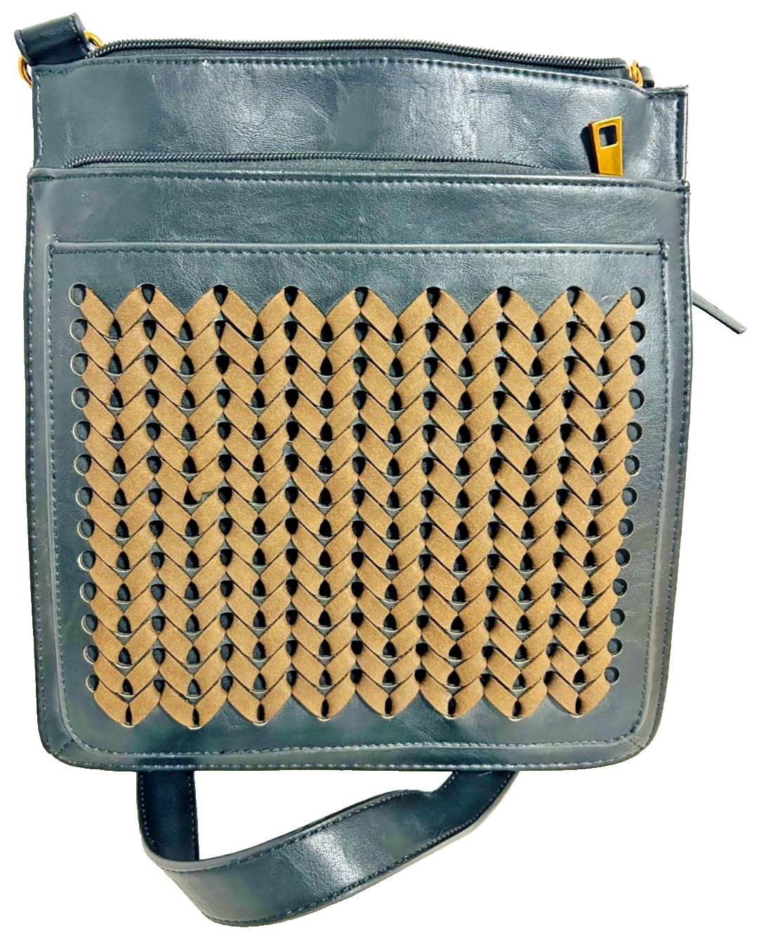 Sondra Roberts Black Faux Leather Woven Crossbody Bag Gold HW
