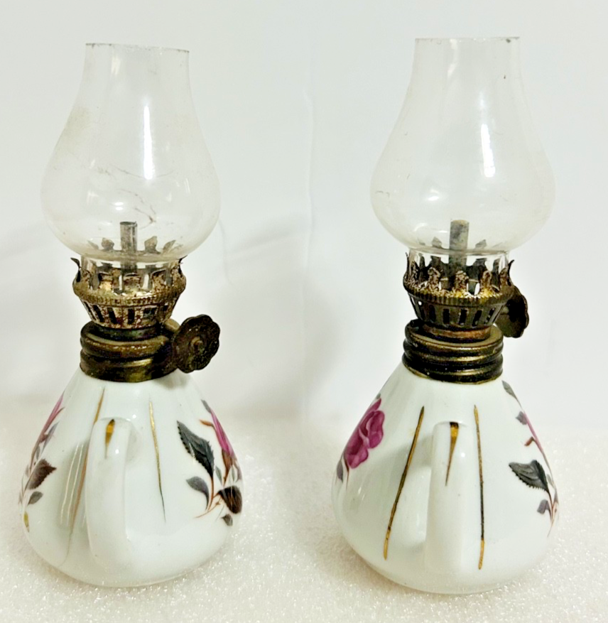 Vintage Mini Oil Lamps Pair Porcelain Floral Rose Hong Kong Glass Chimney