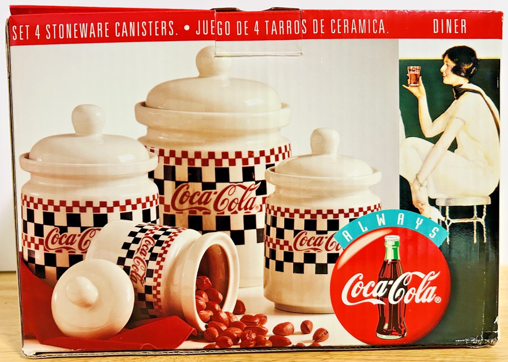 Vintage Coca-Cola Checkerboard Stoneware Canister Set of 4 w/ Lids & Box
