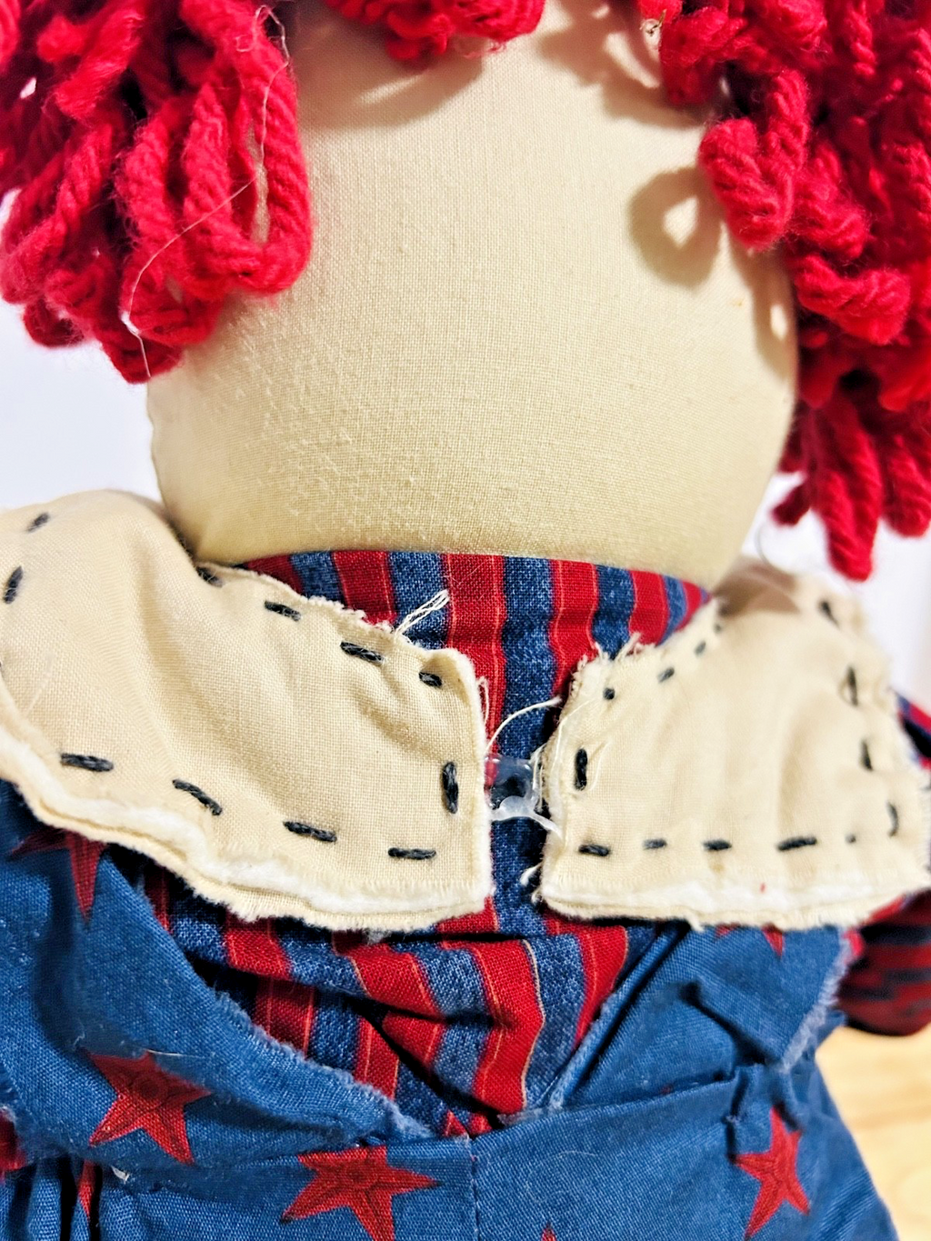 Vintage Handmade Raggedy Ann Style Cloth Doll Red Yarn Hair 20"