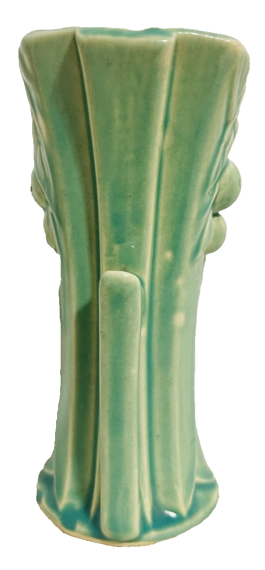 Vintage McCoy Green Art Pottery Vase Fruit Leaf Relief Handles USA
