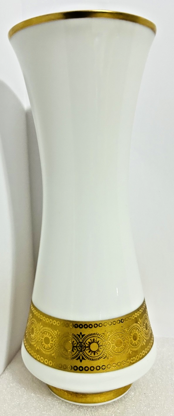 Vohenstrauss Bavaria Gold Gilt Milk Glass Vases Set 8” & 6”
