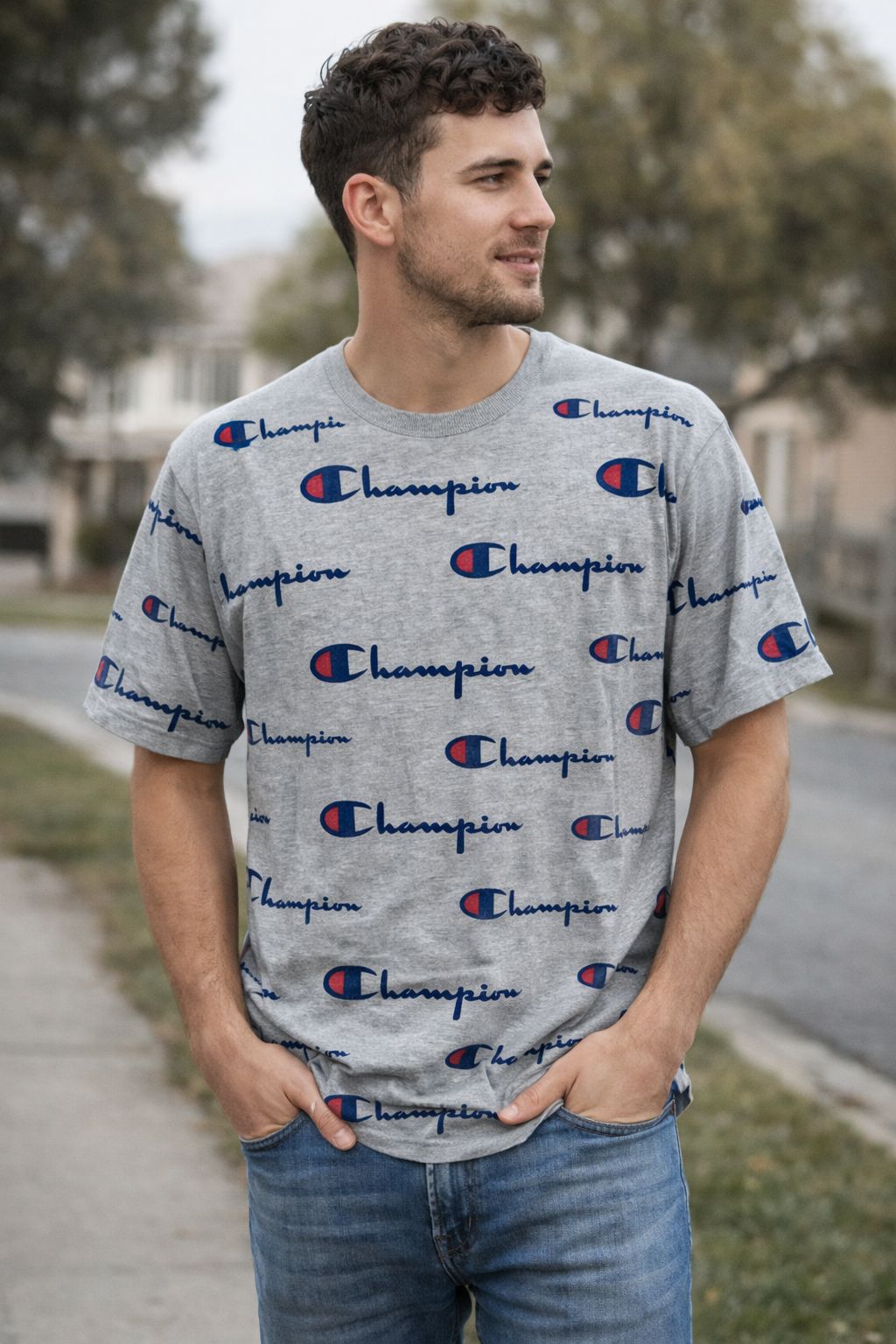 Champion All Over Logo Print T-Shirt Men’s Large Grey Streetwear Tee