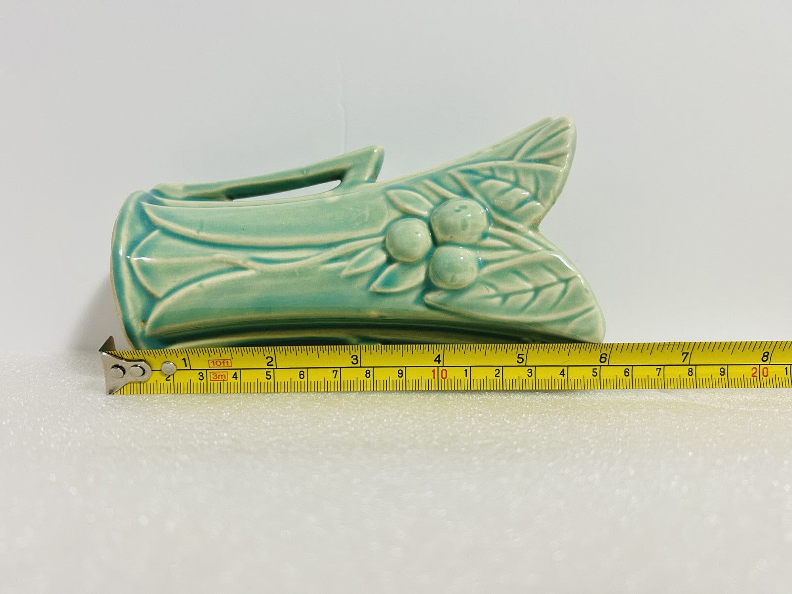 Vintage McCoy Green Art Pottery Vase Fruit Leaf Relief Handles USA