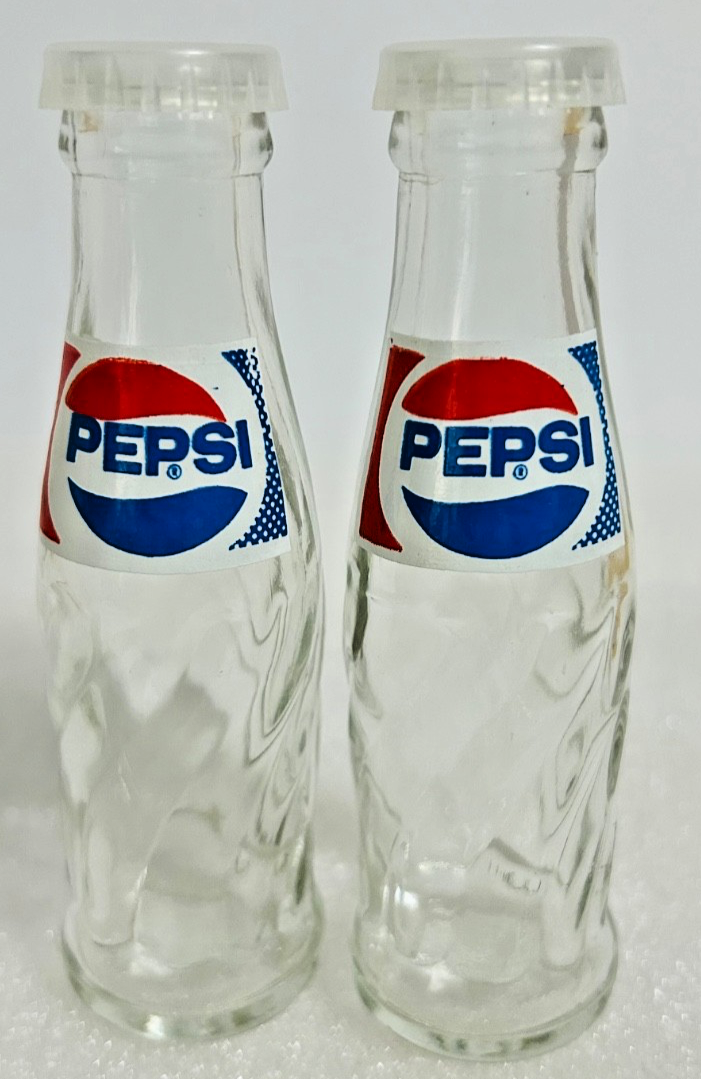 Vintage Pepsi Cola Mini Glass Bottles Salt & Pepper Shakers Set w/ Caps